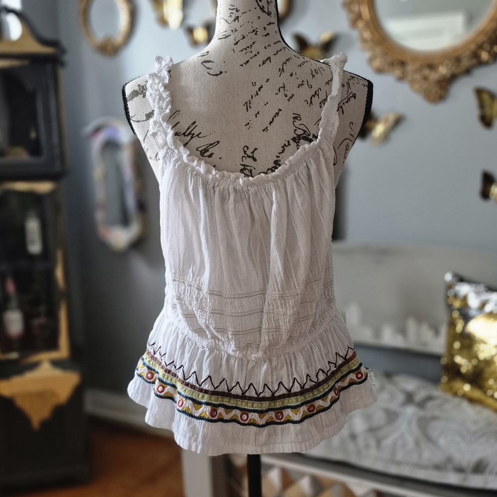 Boho Granola White Embroidered Women's Top Medium - Picture 6 of 9
